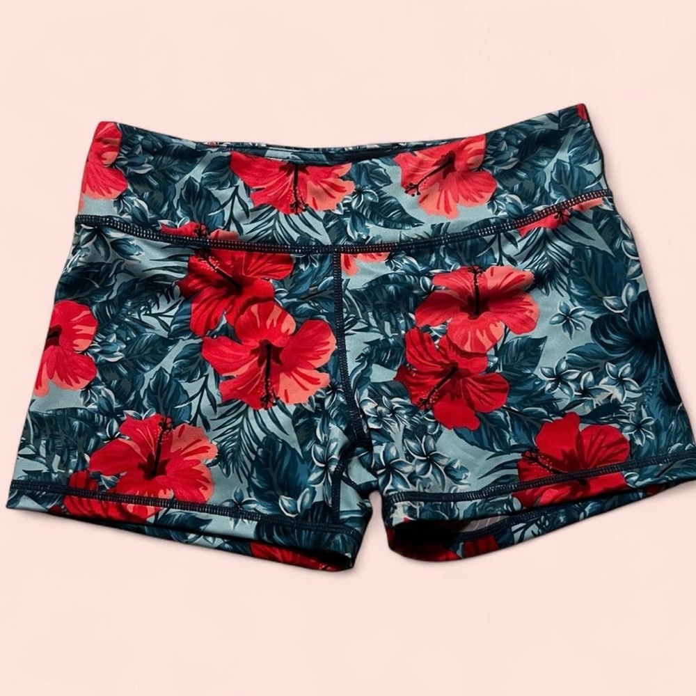 Blue and Pink Athletic Shorts with Tropical Floral Design
